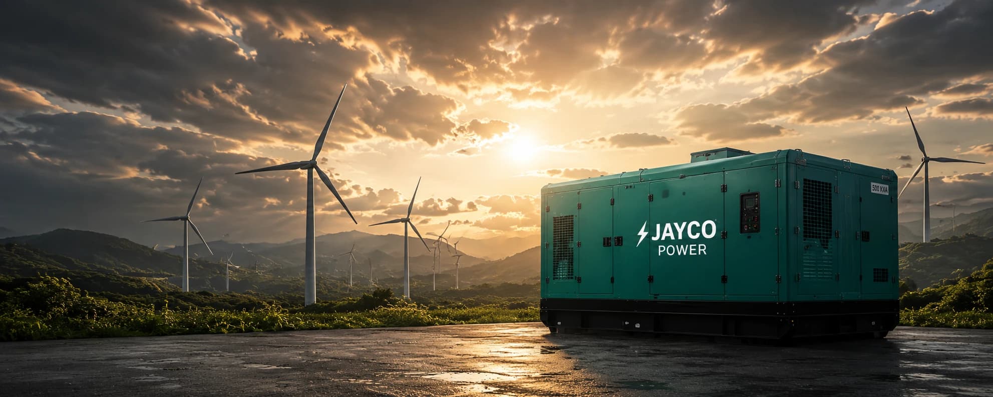 JAYCO POWER diesel generator on rent for industrial power solutions with a wind farm at sunset