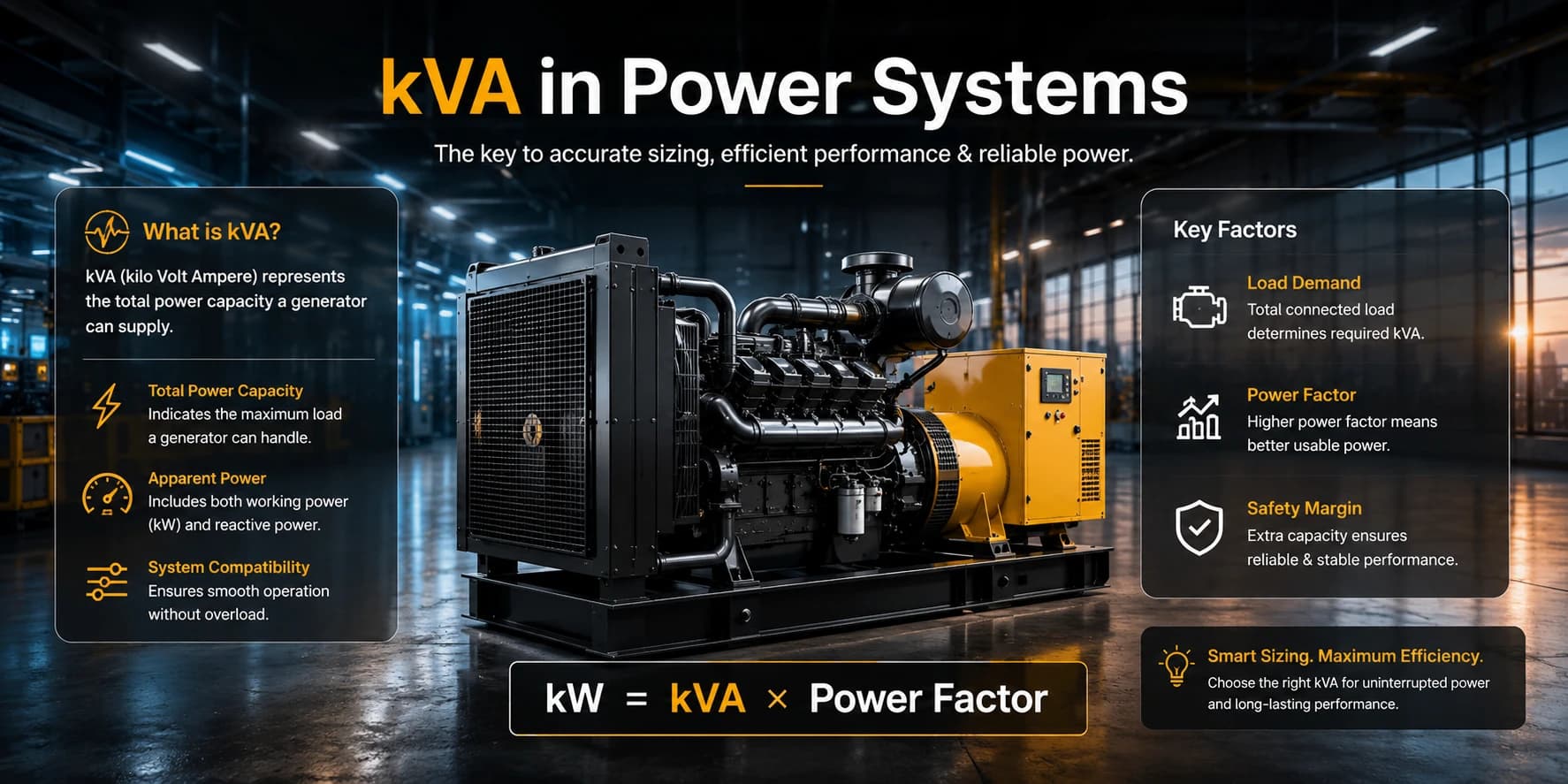 kVA in power systems explained — total power capacity, load demand, power factor and safety margin for generator sizing (kW = kVA × Power Factor), from JAYCO POWER